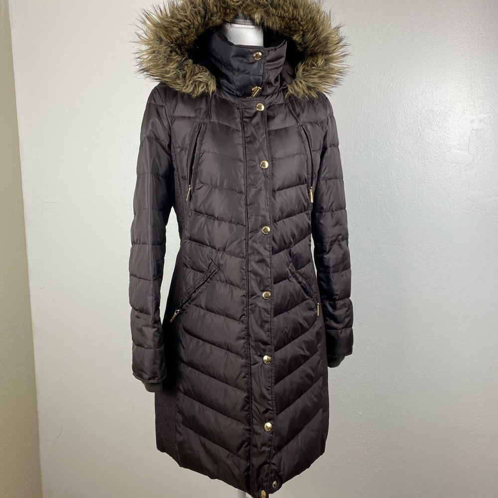 MICHAEL Michael Kors Brown Long Full Zip Faux Fur Hood Coat women’s size Medium